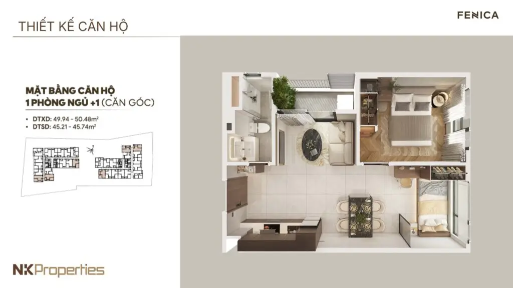 Mặt bằng căn hộ 1PN+ Fenica 2