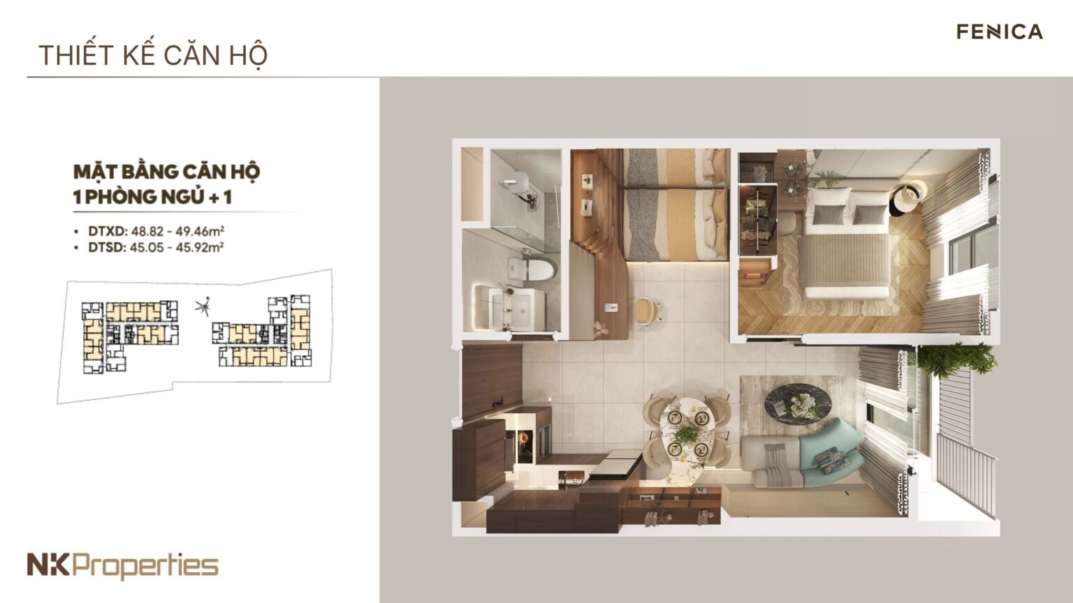 Mặt bằng căn hộ 1pn+ Fenica